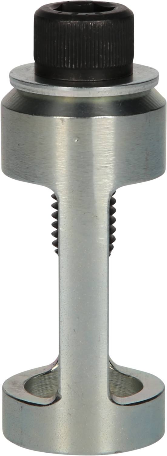 Ein Metallwerkzeug mit Gewinde und schwarzer Kappe, möglicherweise eine Schraubverbindung oder ein Befestigungselement.