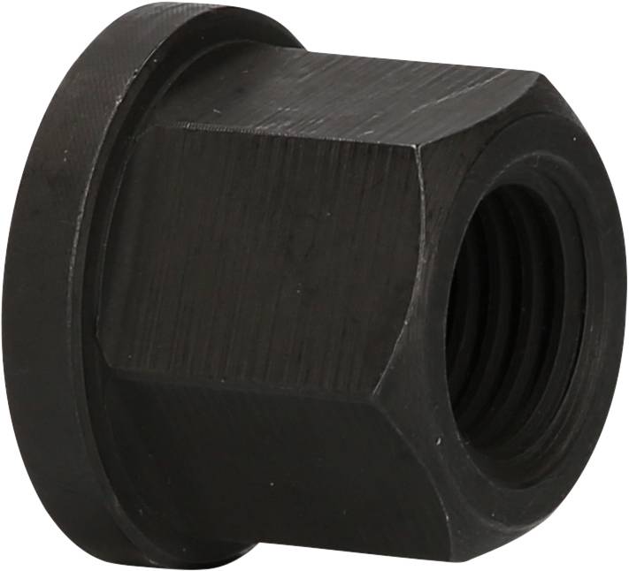 Schwarze Metallmutter mit sechseckigem Körper und runder Unterlegscheibe, für Schraubverbindungen.