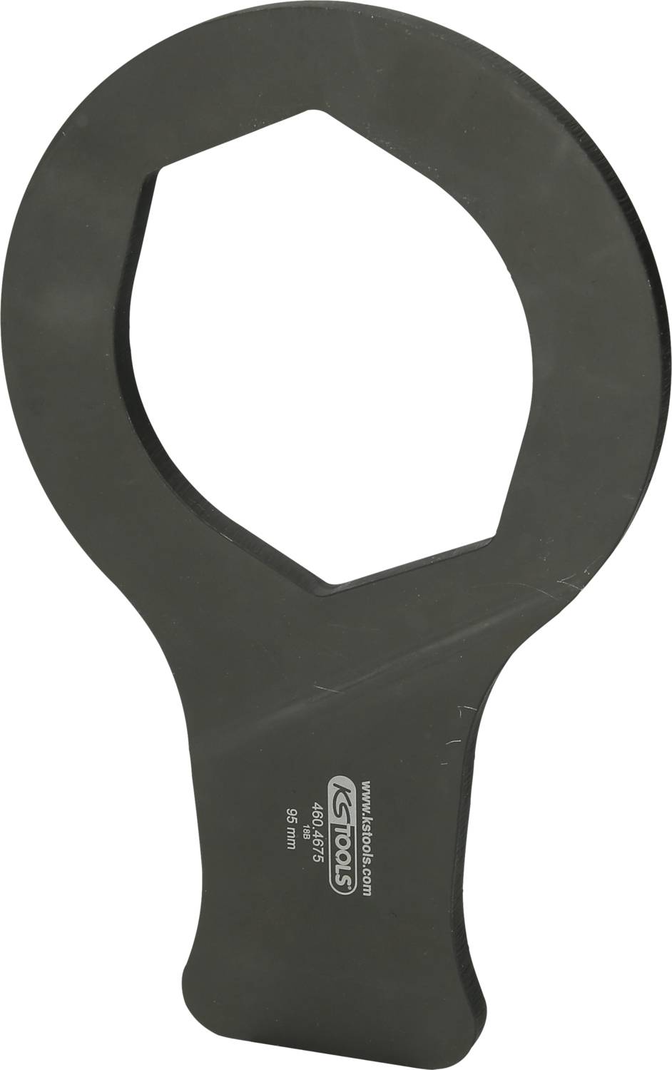Schwarzer Ringmaulschlüssel mit einem sechseckigen Öffnung, verwendet zum Lösen oder Festziehen von großen Muttern oder Verbindungen.