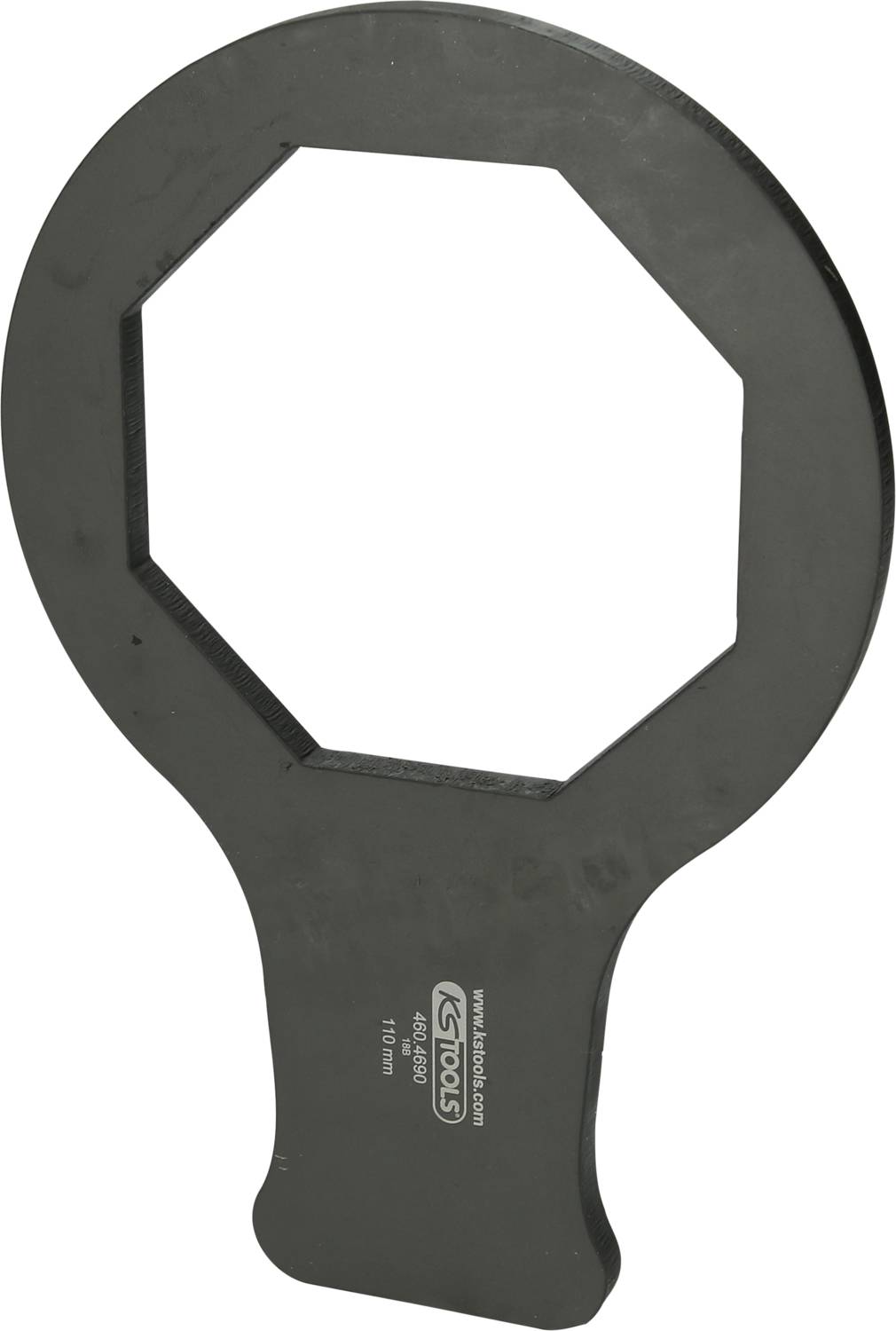 Schwarzer Metall-Schlüssel mit achteckigem Loch in der Mitte, verwendet für spezielle technische Anwendungen.