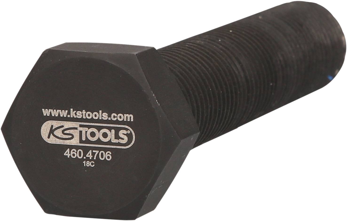 Schwarze Sechskant-Schraube mit der Aufschrift 'www.kstools.com' und '460.4706 18C' auf dem Kopf.