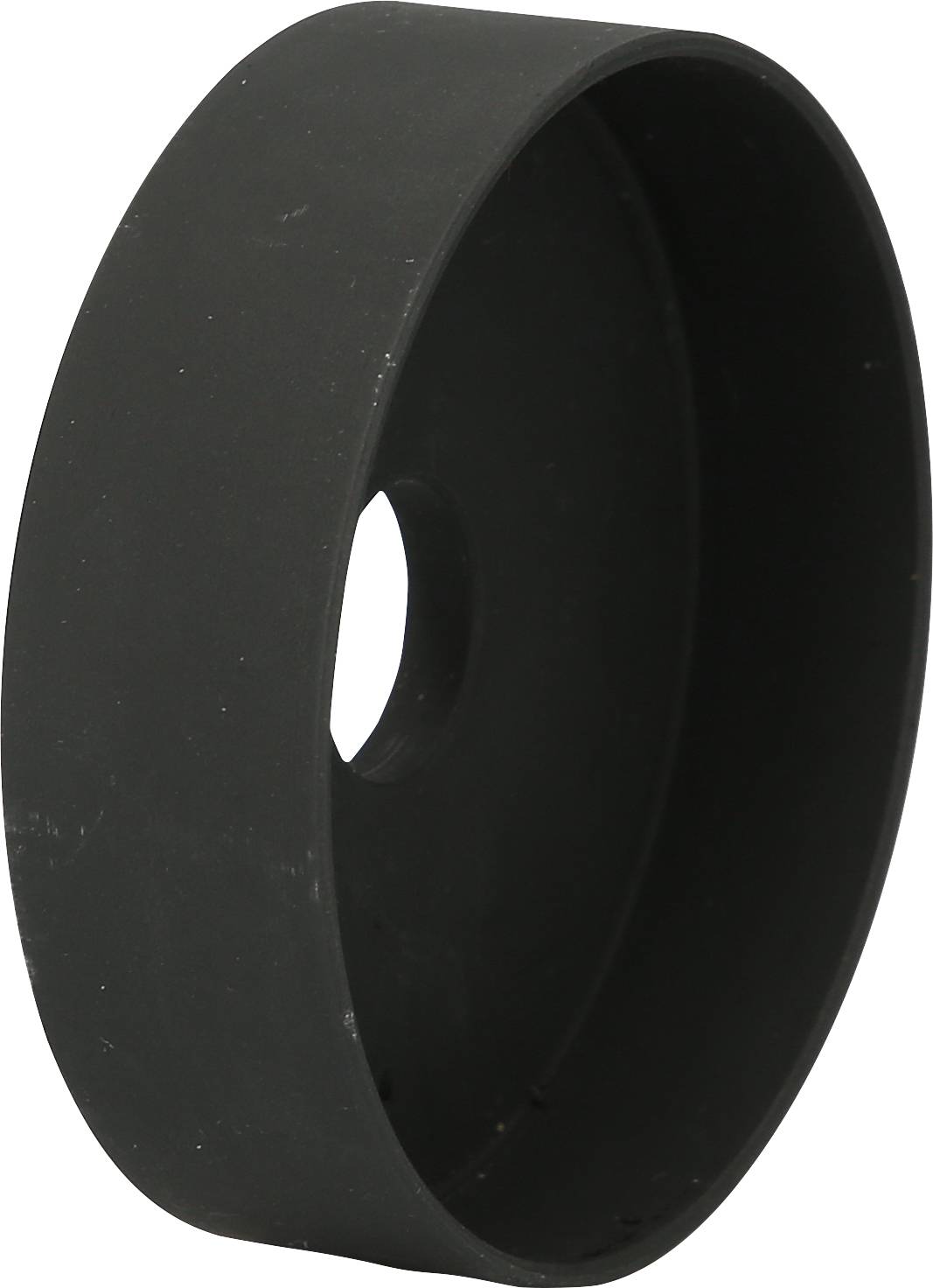 Schwarzer Kunststoffring, seitlich fotografiert, mit zentraler Öffnung. Eignet sich als Ersatzteil oder für mechanische Anwendungen.