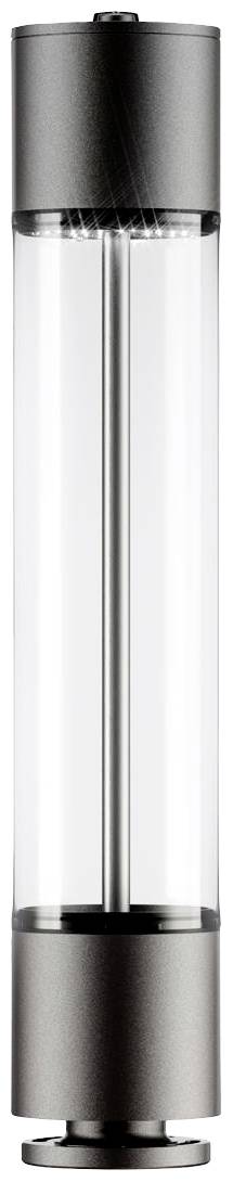 Ein schlanker, zylindrischer Salz- oder Pfefferstreuer aus Edelstahl und Glas, modern gestaltet. Ideal für den Tischgebrauch.
