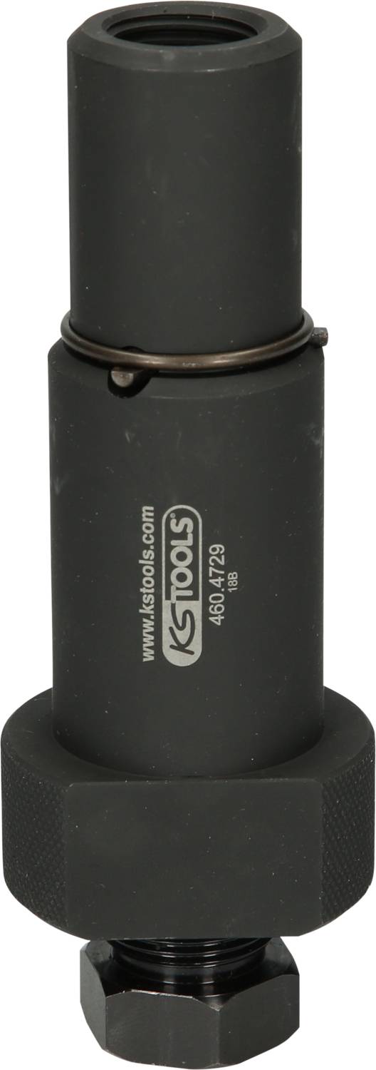 Ein zylindrisches Werkzeug zur Radlager-Demontage von KS Tools, bestehend aus einem schwarzen Metallkörper mit Beschriftungen.