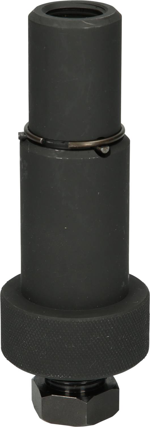 Ein schwarzer, zylindrischer Metalladapter mit strukturiertem Griff und Gewinde an einem Ende, für industrielle Anwendungen geeignet.