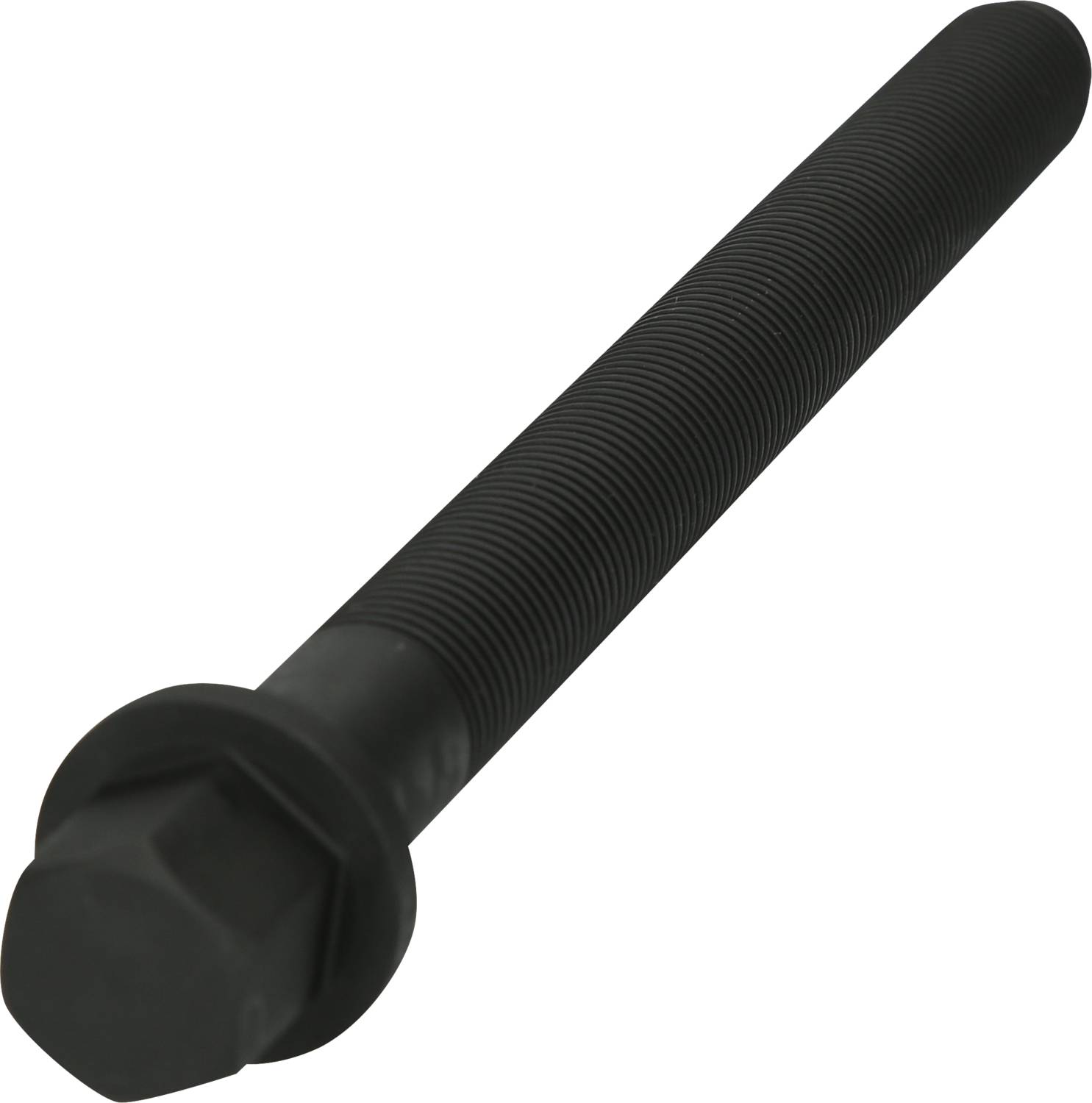 Stahlbolzen mit Sechskantkopf und Gewinde, schwarz, diagonale Ansicht, geeignet für Maschinenbau oder Bauprojekte.