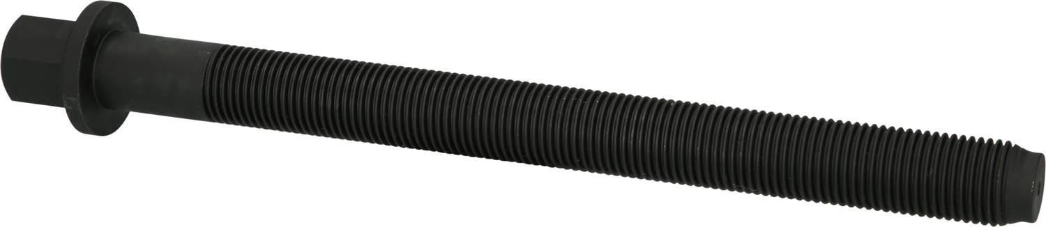 Ein schwarzer, langer Bolzen mit Gewinde und sechskantigem Kopf.