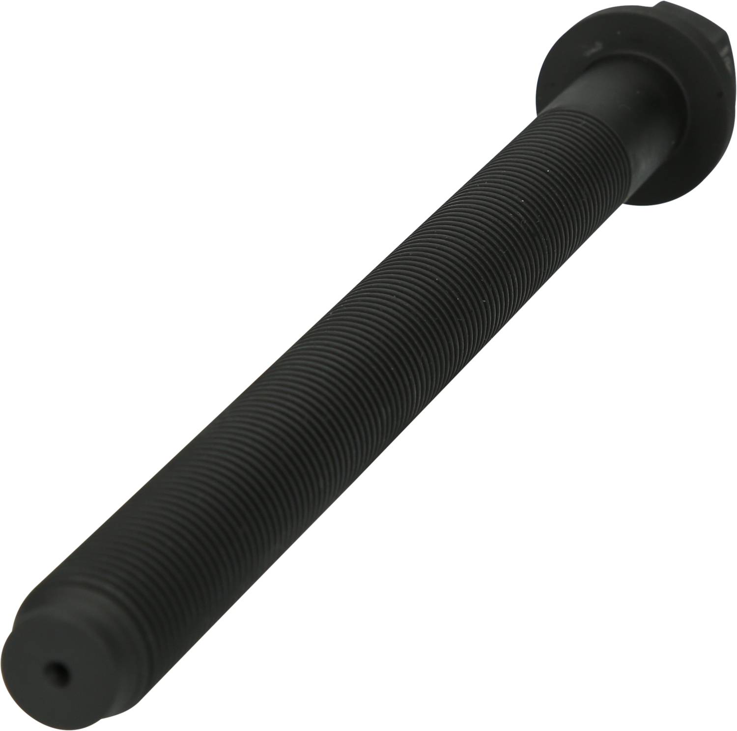 Langes, schwarzes Maschinenteil mit Gewinde, wahrscheinlich eine Schraube oder ein Bolzen, auf weißem Hintergrund.