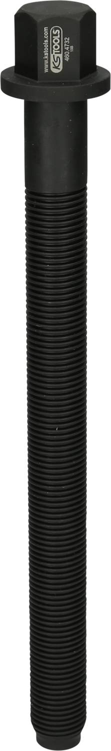 Langer, schwarzer, geriffelter Schraubbolzen mit sechseckigem Kopf zur Befestigung oder Verbindung von Maschinen- oder Fahrzeugteilen.