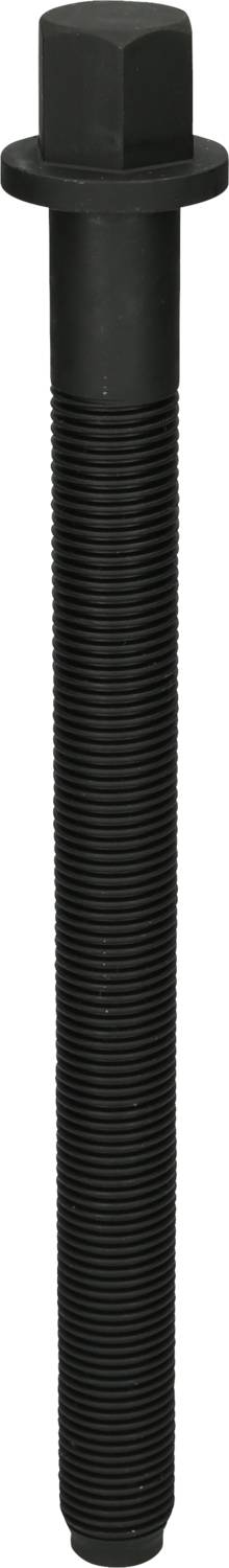 Schwarze, lange Schraube mit Sechskantkopf und durchgehendem Gewinde, vertikal ausgerichtet.