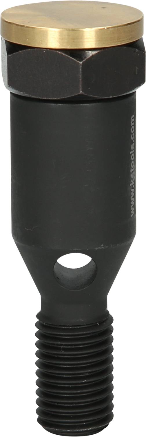 Eine schwarze Metallkomponente mit Schraubengewinde und goldenem Kopf, wahrscheinlich ein Verschluss- oder Verbindungsstück industrieller Art.