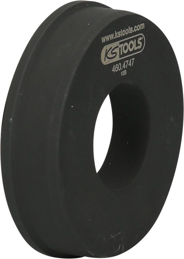 Schwarzer Abzieherrad mit Loch in der Mitte, auf dem 'ks tools' und eine Seriennummer eingeprägt sind. Marken- und Produktkennzeichnung.
