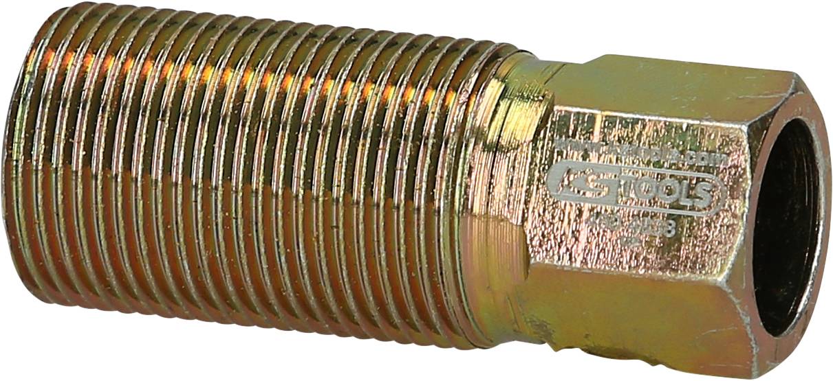 Metalladapter mit Außengewinde links und Sechskant-Außenseite rechts, wahrscheinlich für industrielle Rohrverbindungen geeignet.