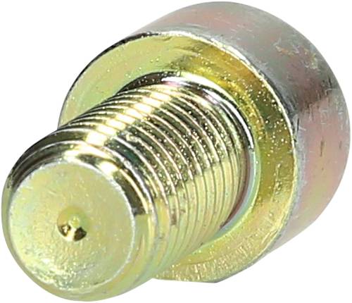 Ein goldfarbenes zylindrisches Metallteil mit Außengewinde und flacher Oberseite, möglicherweise ein Schraubadapter oder Verschluss.