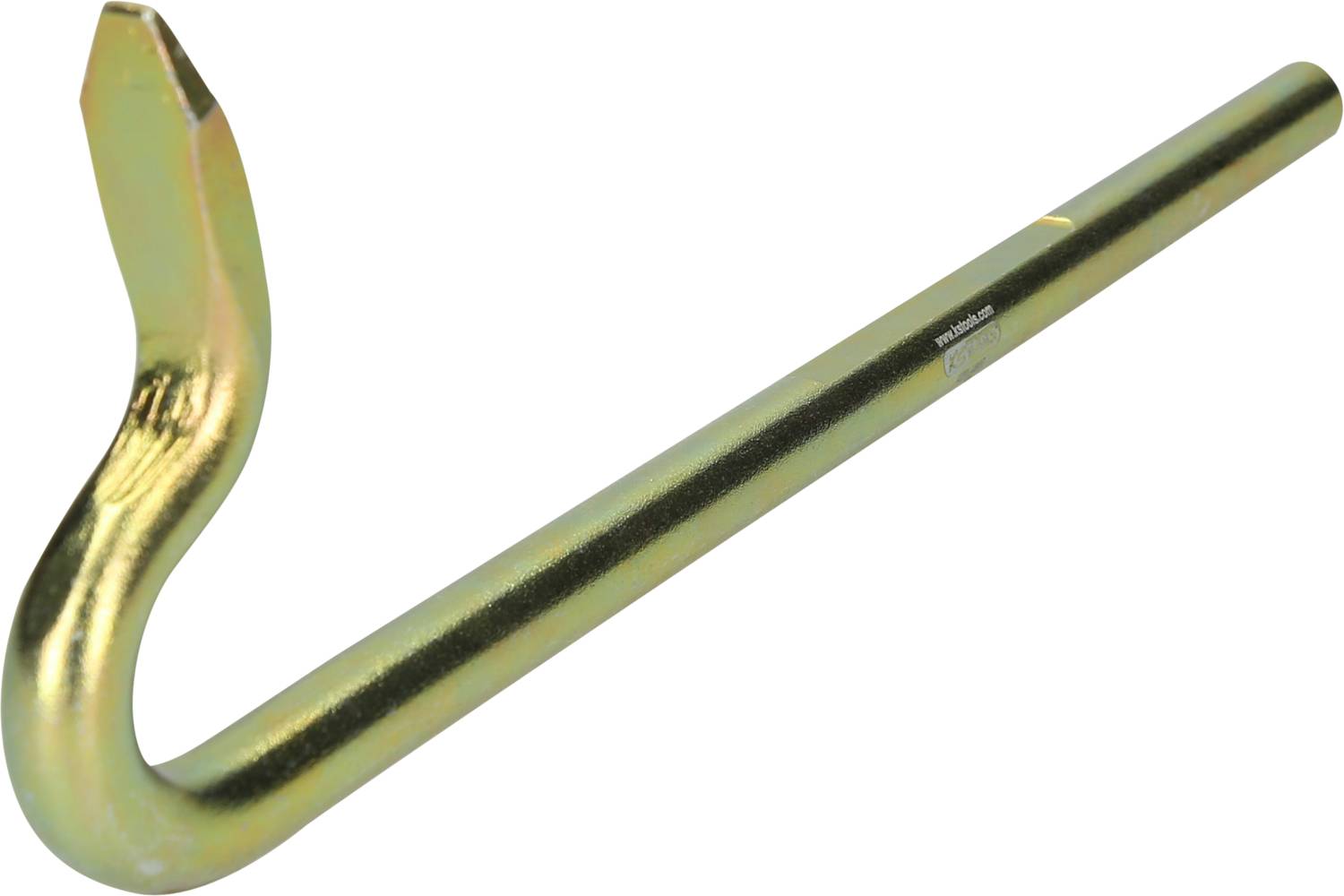 Ein goldfarbener, metallischer Bodenrahmenanker mit gebogenem Haken und spitzem Ende.