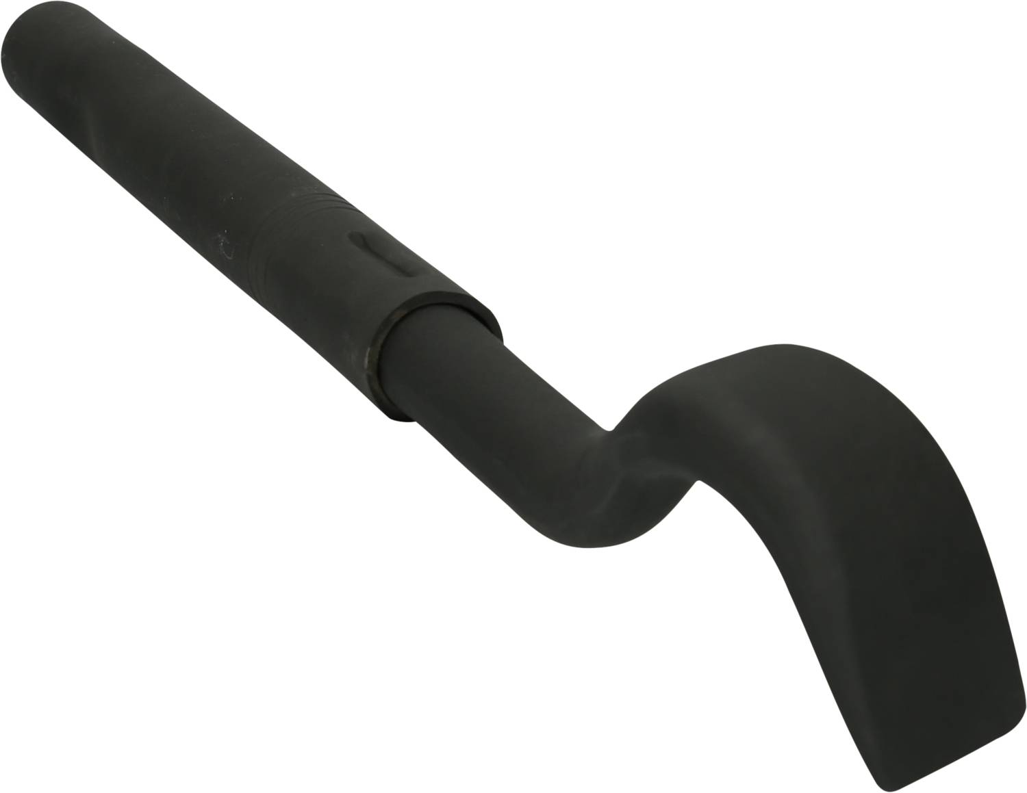 Ein schwarzes, gebogenes Werkzeug mit einem langen Griff, möglicherweise ein Hebel oder Brecheisen zur Anwendung von Hebelkraft.