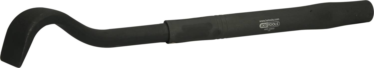 Ein schwarzer Brecheisen mit gebogenem Ende, verwendet zum Aufhebeln und Entfernen von Nägeln. Das Werkzeug liegt frontal.