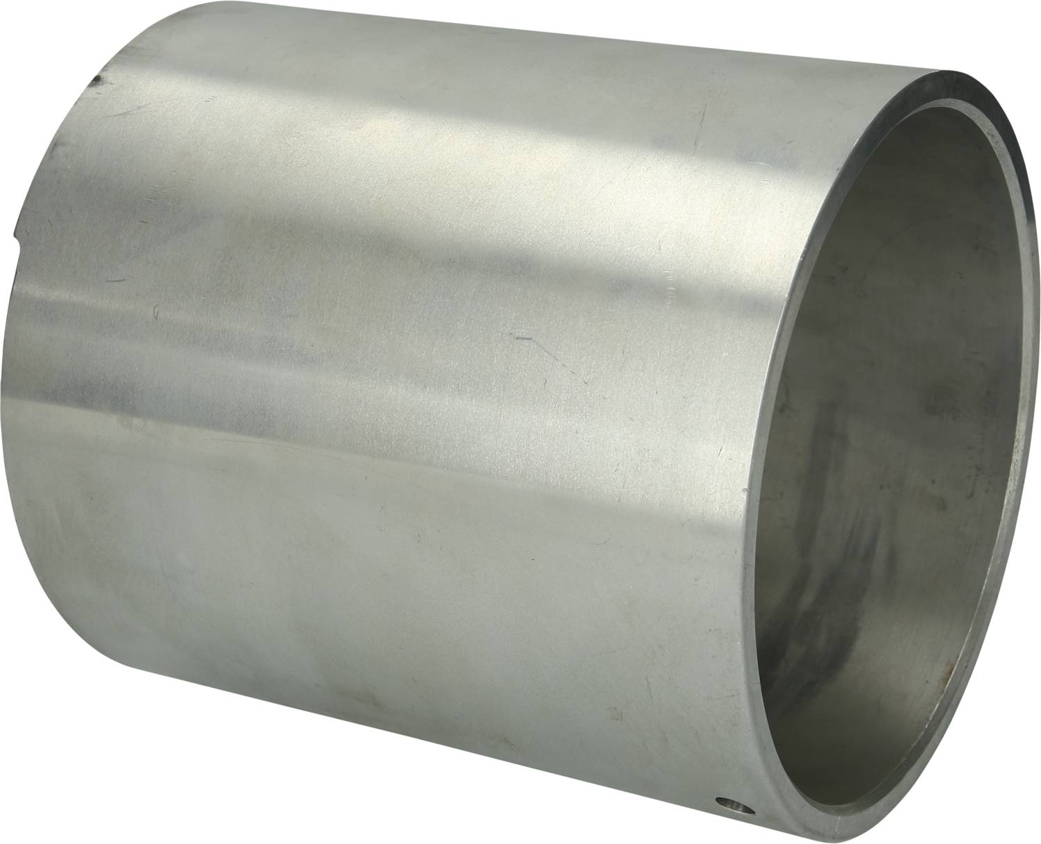 Ein zylindrisches Metallrohr mit glänzender, glatter Oberfläche und offenen Enden.