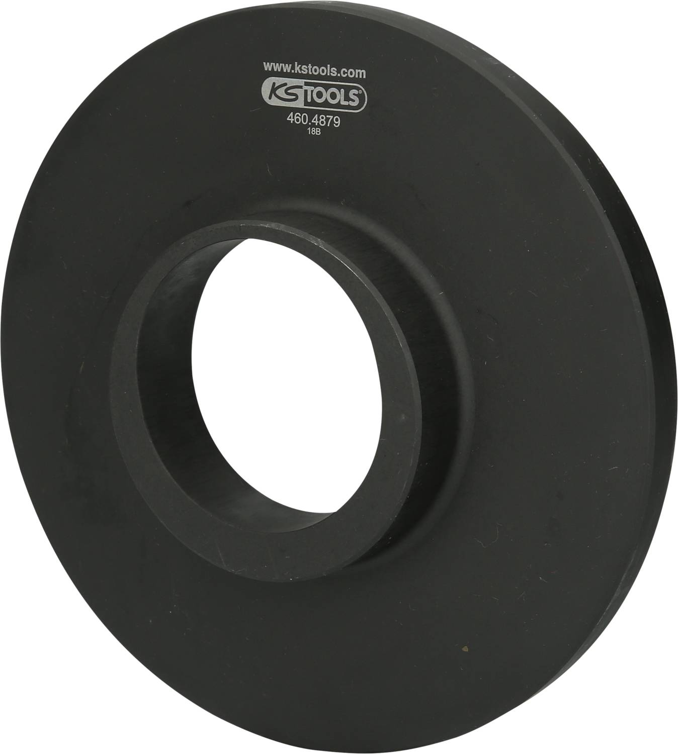 Ein schwarzer, runder Adapter von KS TOOLS mit einer großen zentralen Öffnung, vermutlich zur Verwendung in mechanischen Anwendungen.
