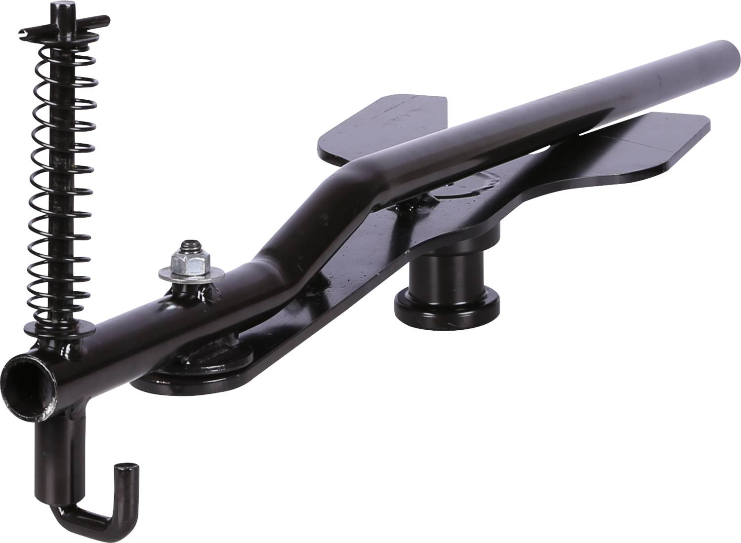 Ein schwarzes Metallwerkzeug mit einem Haken am Ende, einer Feder daneben und einem flachen, breiten Abschnitt in der Mitte. Verwendbar in Hebeanwendungen.
