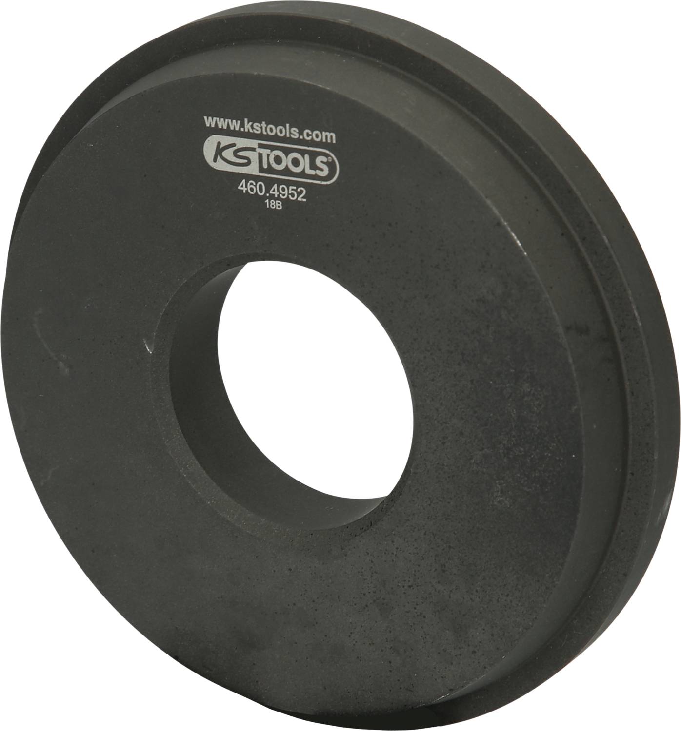 Eine schwarze Metallplatte mit einem großen zentralen Loch, das als Radlager-Werkzeug dient. Oben auf der Platte ist das Logo von KS Tools.