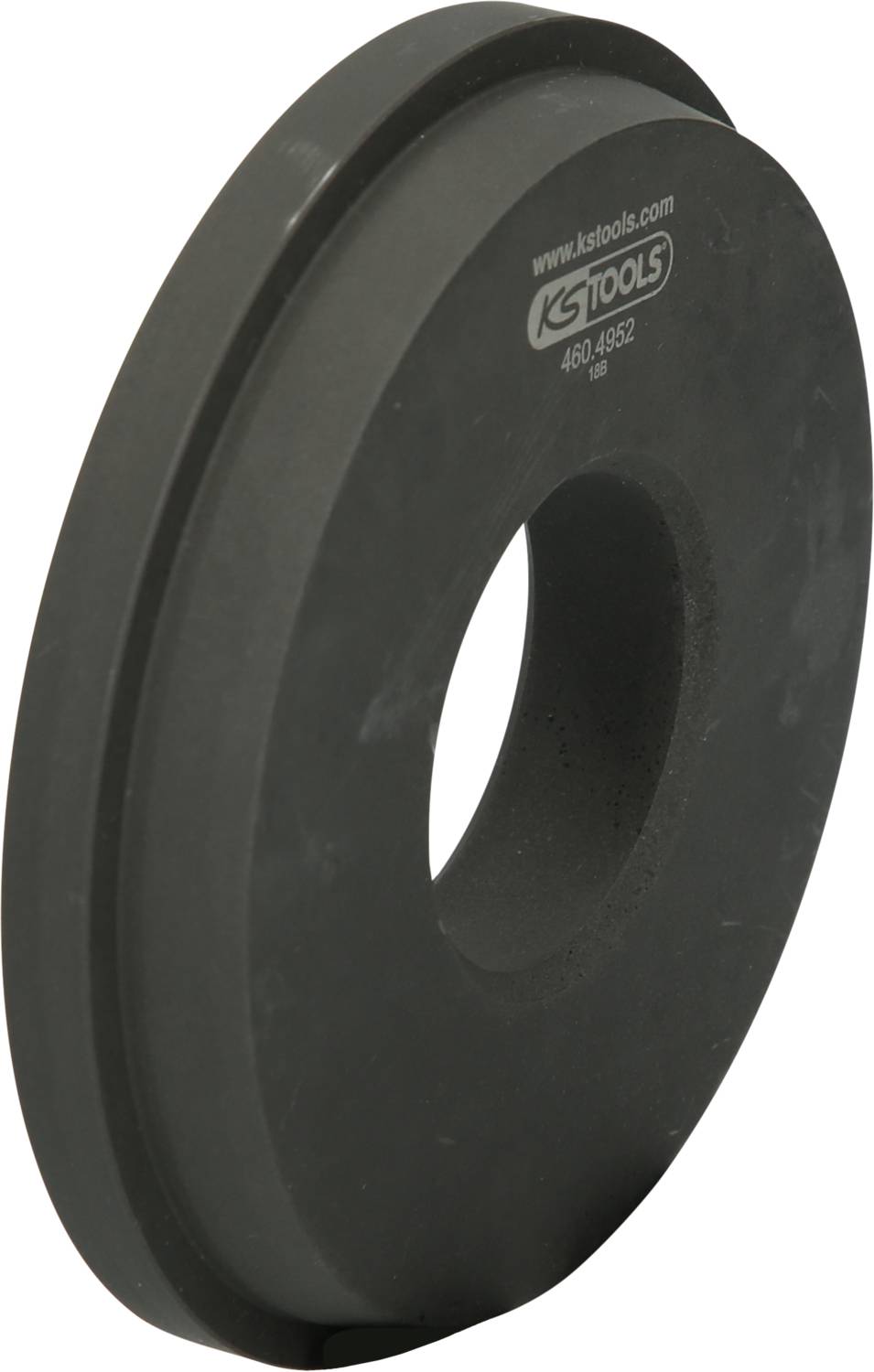 Schwarze Metallscheibe mit Loch in der Mitte, Teil eines Werkzeugs der Marke 'KS Tools'.