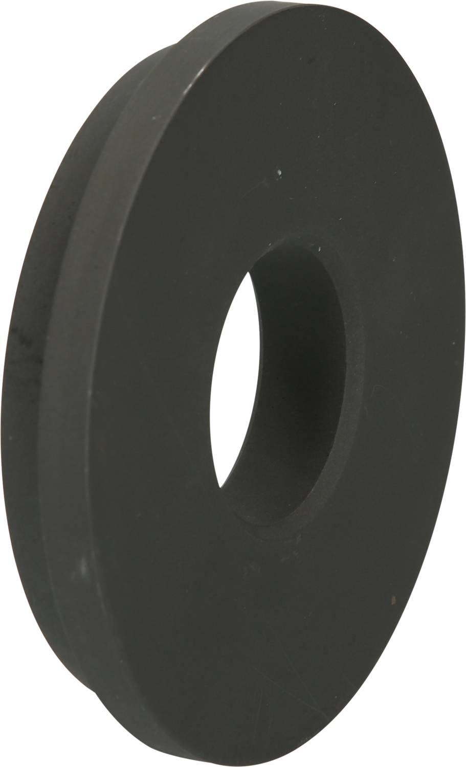 Schwarze, runde, flache Scheibe mit einem Loch in der Mitte.