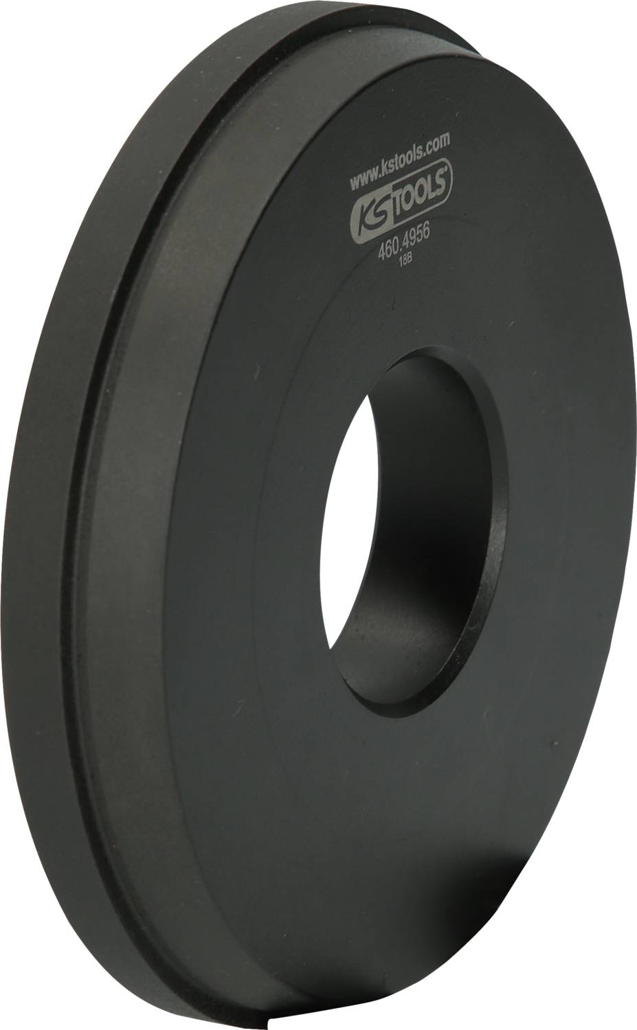 Schwarze Metallscheibe mit einem großen zentralen Loch, gestempelt mit 'ggtools' und einer Seriennummer. Sie wirkt massiv und robust.