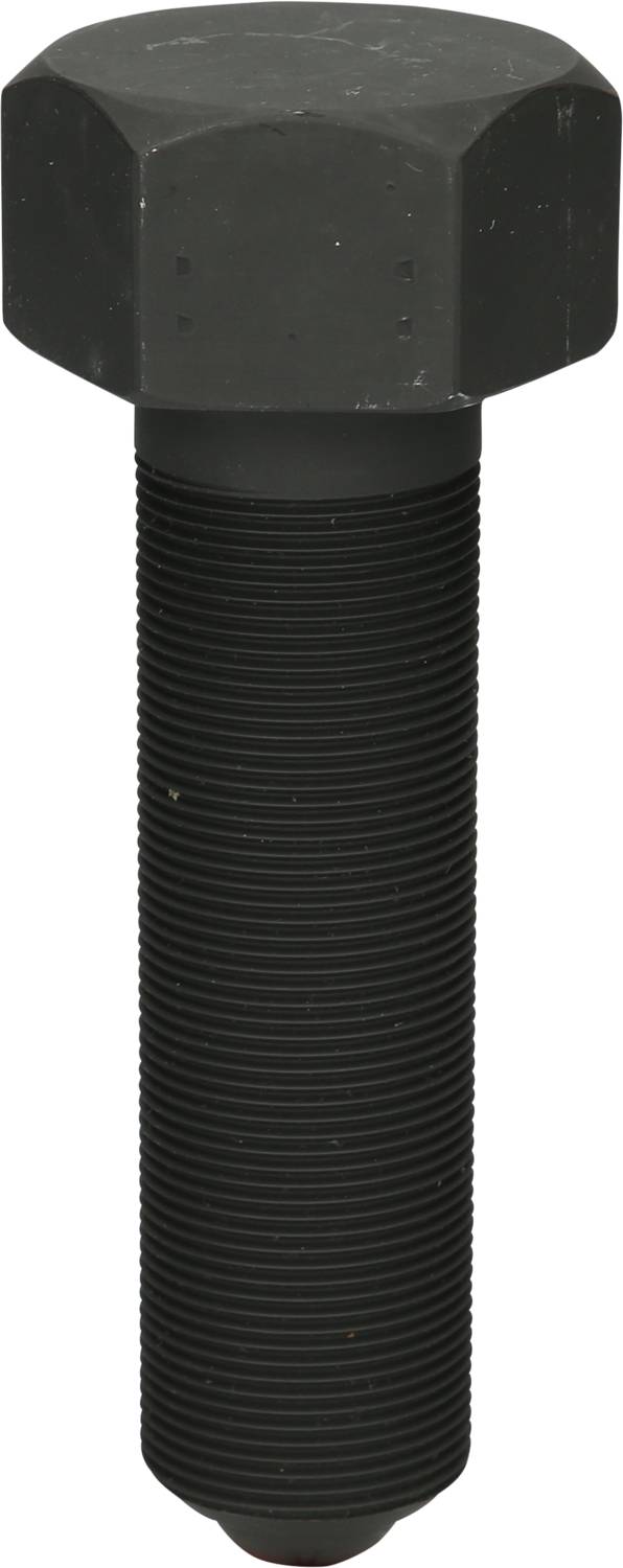 Eine schwarze, geriffelte Schraube mit sechseckigem Kopf.