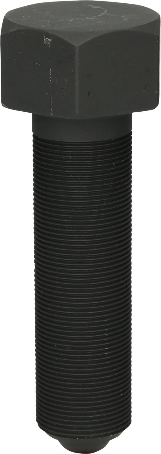 Schwarze, sechskantige Schraube mit langem, gerilltem Gewinde und flacher Oberseite. Geeignet für Befestigungsanwendungen.