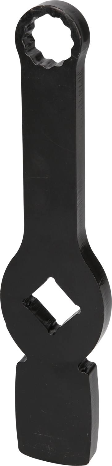 Schwarzes Metallwerkzeug mit rundem und rautenförmigem Loch, verwendet zum Festziehen oder Lösen von Schrauben oder Muttern.