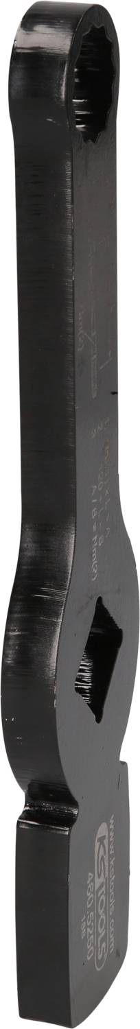 Schwarzer Stahl-Schlüssel, offen an einem Ende und mit quadratischer Öffnung am anderen Ende, vor weißem Hintergrund.