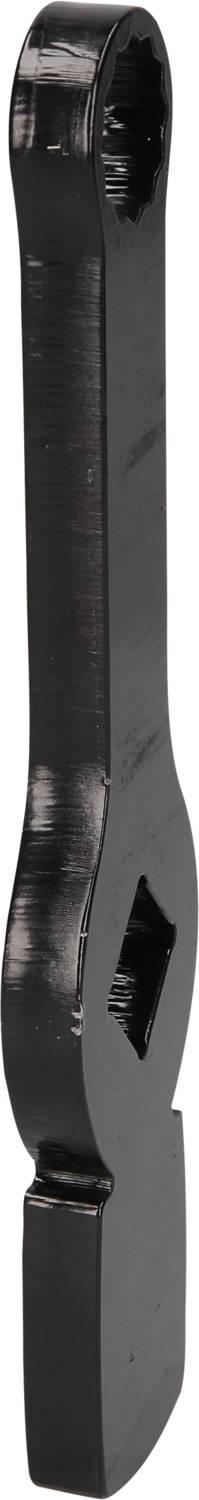 Ein schwarzer, metallener Schraubenschlüssel mit einem abgewinkelten Ende und einem runden Kopf für spezielle Schraubverbindungen.