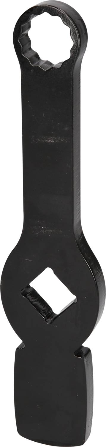 Schwarzer Schraubenschlüssel mit zwei unterschiedlichen Enden, eines für runde Muttern und das andere mit einem trapezförmigen Schlitz.