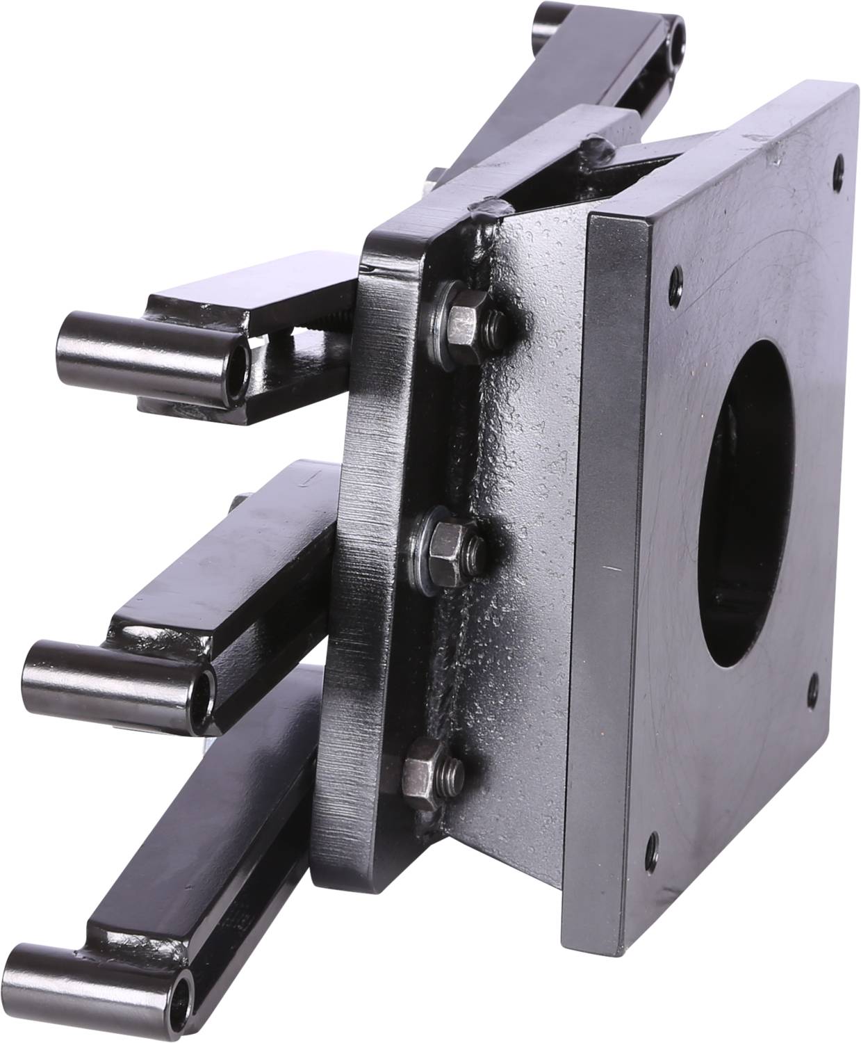 Ein schwarzes Metallgerät mit mehreren Armen und Schrauben, möglicherweise Teil einer industriellen Maschine oder Halterung.