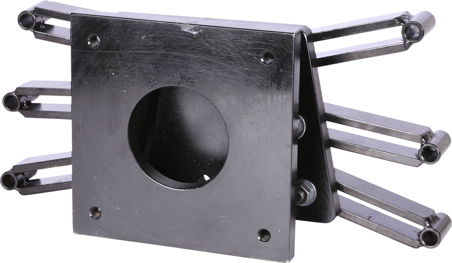 Eine schwarze, mechanische Halterung mit sechs ausklappbaren Armen, die um eine zentrale Öffnung angeordnet sind.