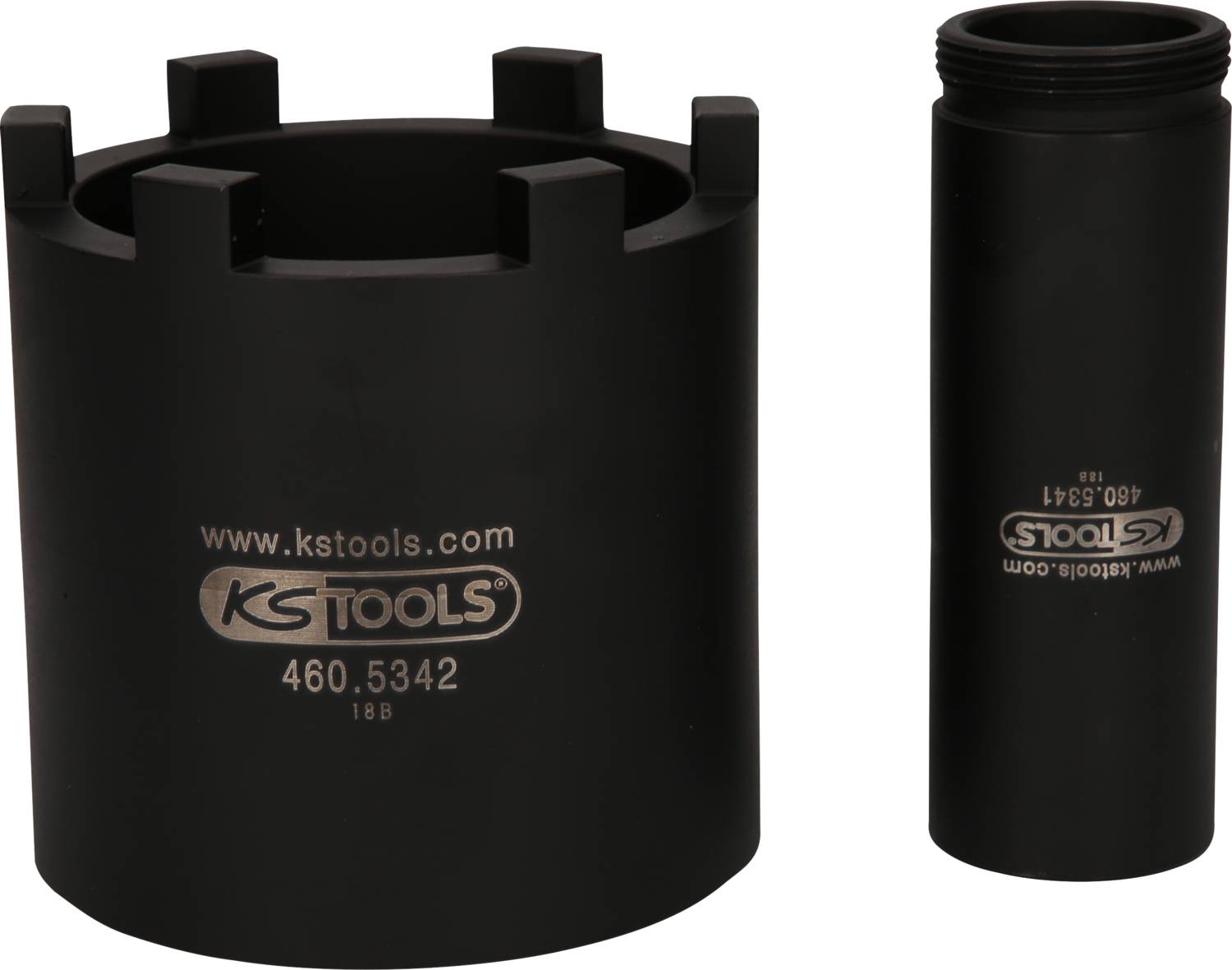 Zwei schwarze Zylinder mit KS Tools-Logo, einer breiter und kürzer, der andere schmaler und länger. Werkzeuge zum Schrauben.