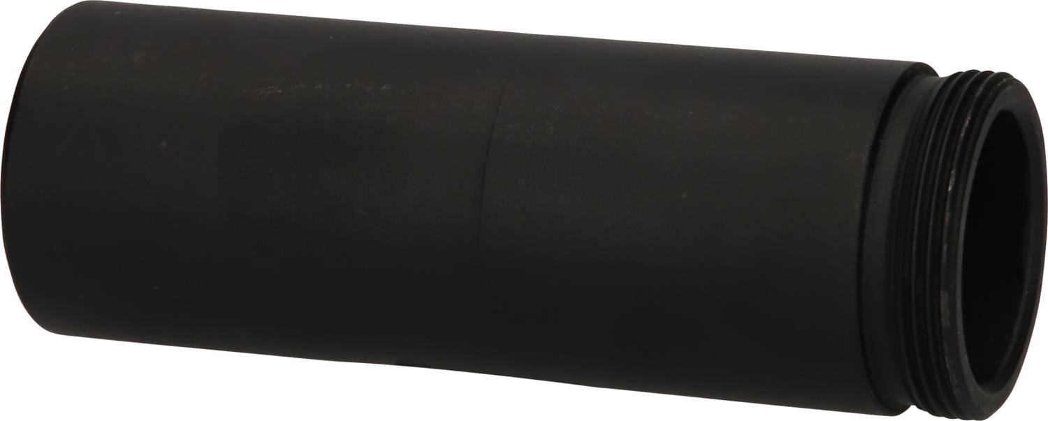 Schwarzes zylindrisches Objekt mit Gewinde an einem Ende, möglicherweise ein Adapter oder eine Hülse, auf weißem Hintergrund.