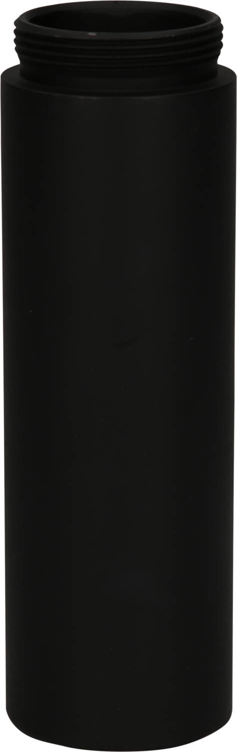 Schwarzer, zylindrischer Behälter mit Schraubgewinde oben, vertikal ausgerichtet.
