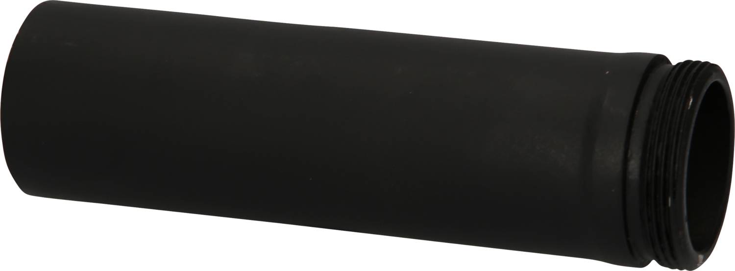 Ein schwarzes zylindrisches Rohr mit einem Gewinde an einem Ende, das möglicherweise Teil eines mechanischen oder technischen Geräts ist.