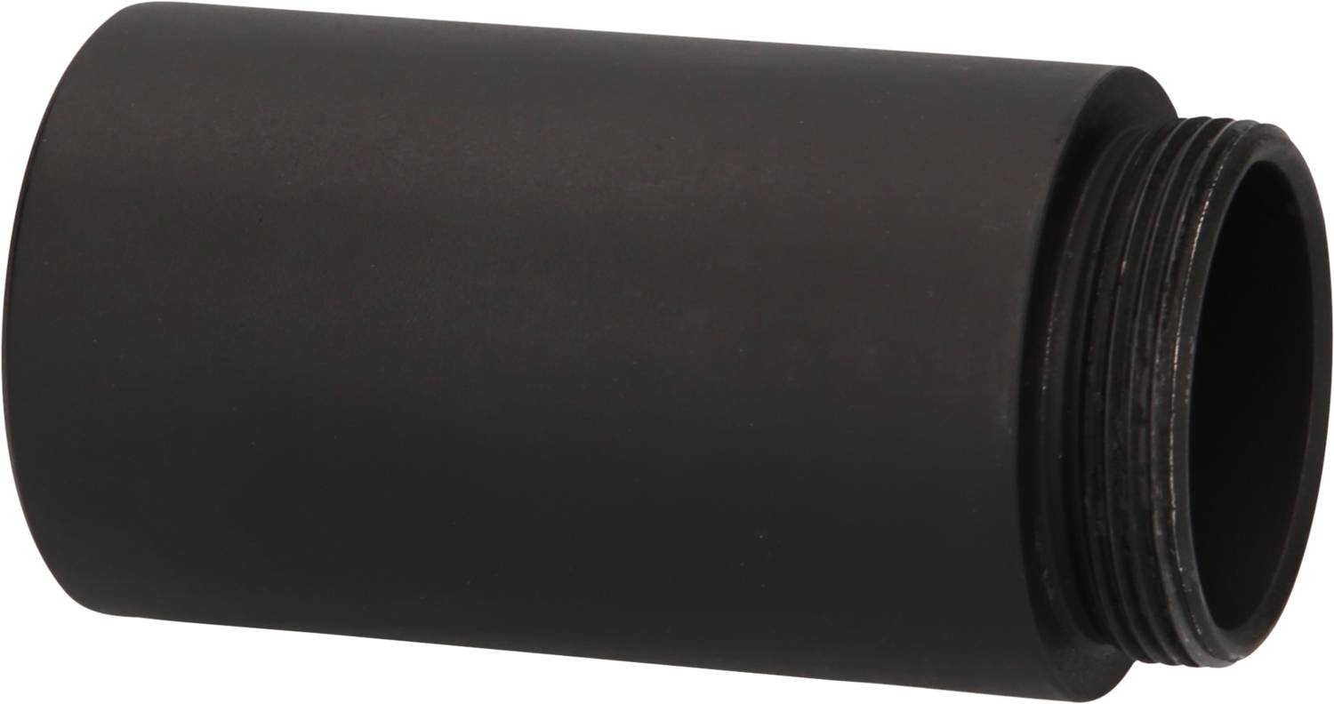 Schwarzer Zylinder mit Außengewinde, möglicherweise ein Adapter oder Verbindungselement.