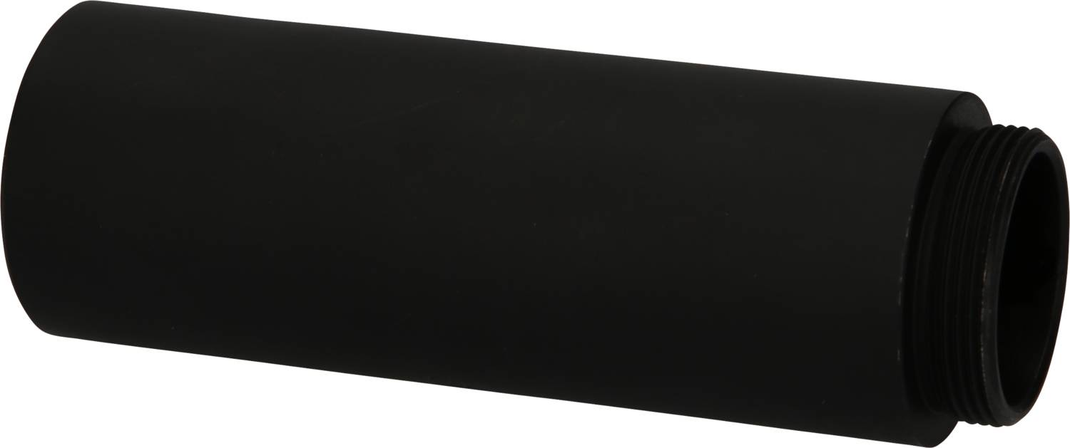 Ein schwarzer, zylindrischer Rohradapter mit Gewinde an einem Ende.