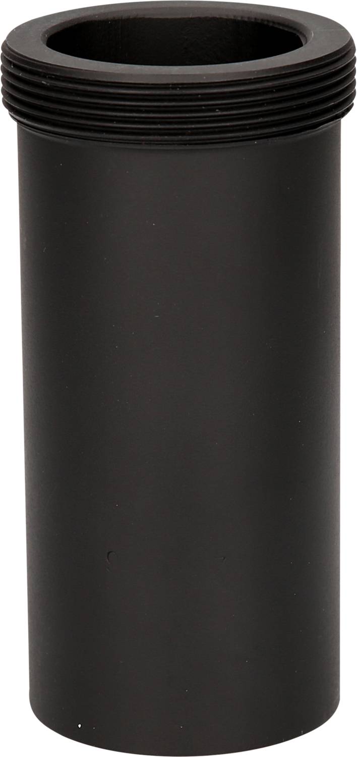 Ein schwarzes, zylindrisches Rohr mit Gewinden an einem Ende, möglicherweise ein Teil für mechanische oder industrielle Anwendungen.