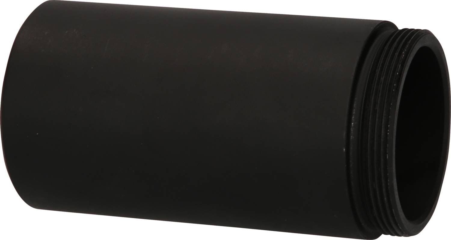 Ein schwarzer, zylindrischer Adapter aus Metall mit Außengewinde auf der rechten Seite, liegt horizontal auf einem grauen Hintergrund.