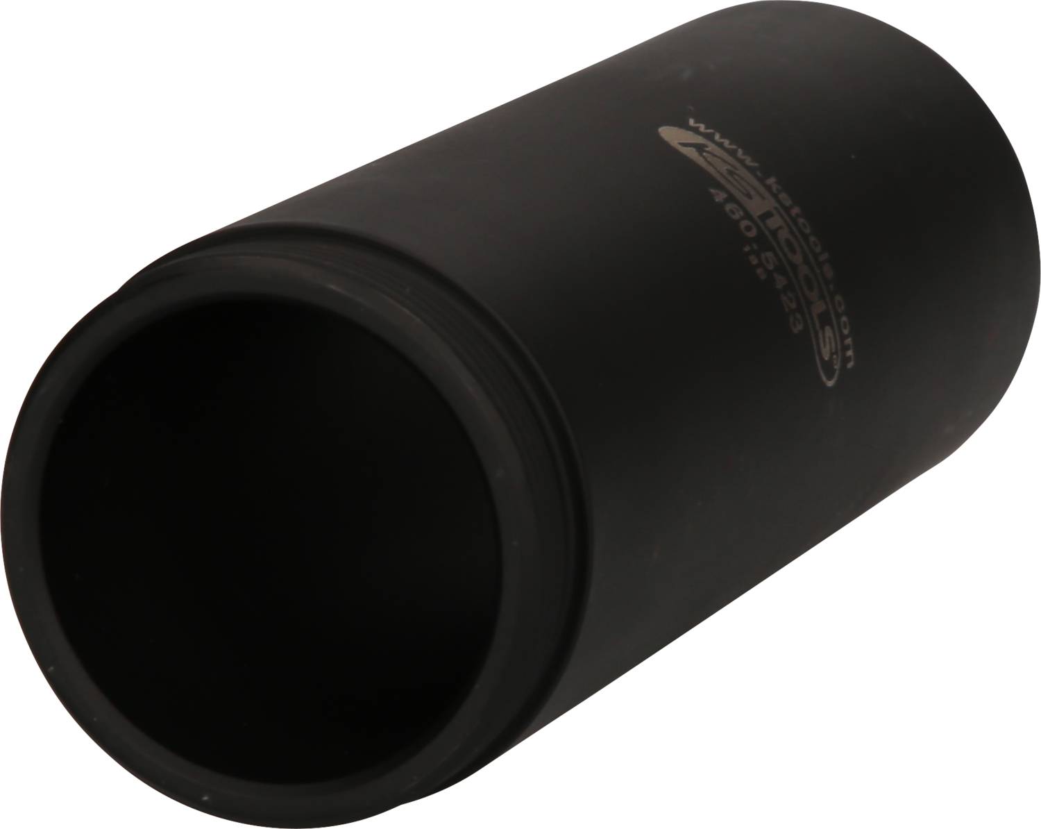 Ein schwarzer, zylindrischer Container mit abgeschrägtem Rand und einer Aufschrift auf der Oberfläche.