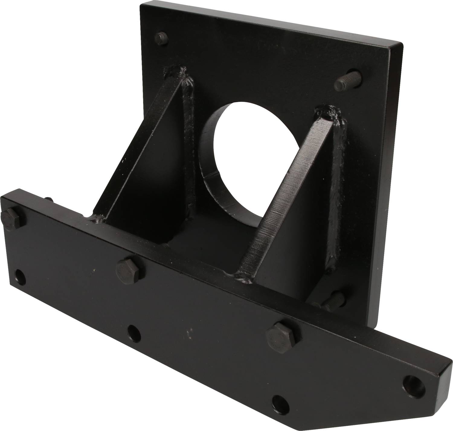 Eine schwarze Metallhalterung mit einem kreisförmigen Ausschnitt und mehreren Schrauben, die zur Befestigung oder Montage dient.
