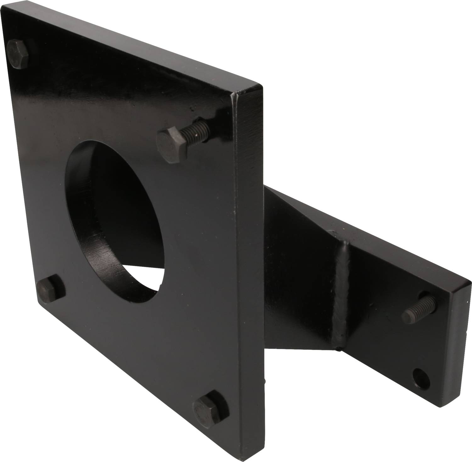 Schwarz lackiertes Metallstück in L-Form mit runder Aussparung und Schraubenlöchern, verwendet als Halterung oder Befestigungselement.