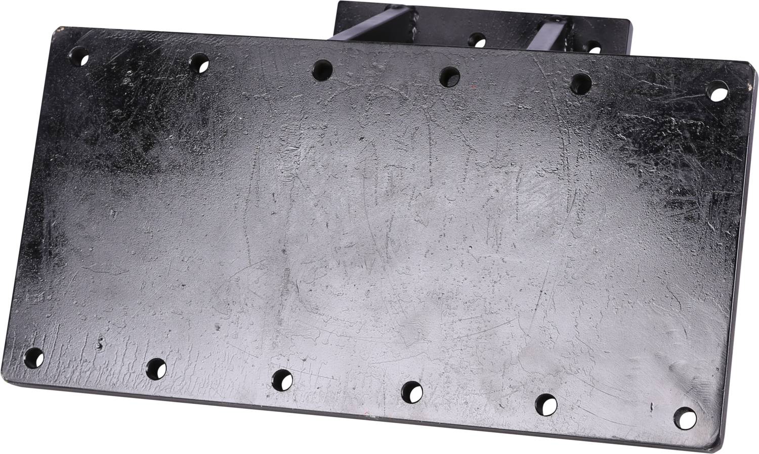 Metallplatte mit mehreren Schraubenlöchern für Montagezwecke. Oberfläche ist glatt und dunkel, zeigt Gebrauchsspuren.