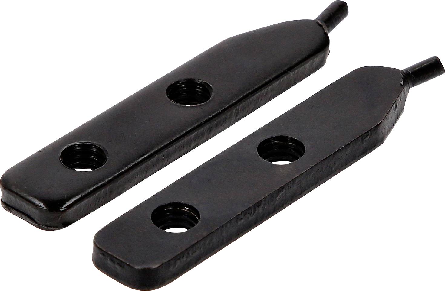 Zwei schwarze Metall-Abzieher-Backen mit Gewindelöchern und konischen Enden, nebeneinander auf weißem Hintergrund dargestellt.