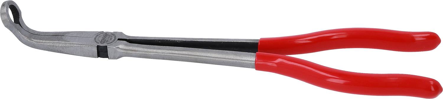 Rote und silberne Zange mit ergonomischen Griffen, geeignet für verschiedene Greif- und Halteaufgaben in Werkstätten oder Heimwerken.